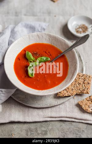 Zuppa di pomodoro con basilico fresco in un recipiente bianco con un cracker Foto Stock