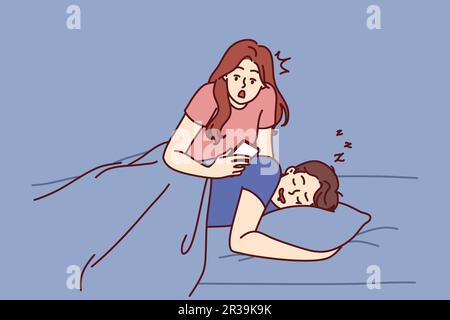 La donna gelosa legge SMS in telefono del ragazzo che dorme a letto e spie sul marito che controlla le chiamate in arrivo. La moglie gelosa non si fida del socio dovuto i problemi di rapporto o barare normale Illustrazione Vettoriale
