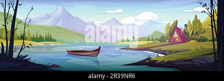 Bellissimo paesaggio montano con lago. Cartoni animati vettoriali illustrazione della primavera natura alpina, barca in legno che galleggia sull'acqua, rifugio glamping nella verde valle, alberi di pineta, cielo blu con nuvole Illustrazione Vettoriale