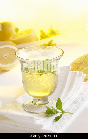 Un bicchiere di limoncello fatto in casa con limoni freschi su un tovagliolo Foto Stock
