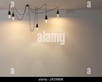 illustrazione 3d. Lampada elettrica vintage su una vecchia parete di mattoni. Sfondo ombreggiato in denim Foto Stock