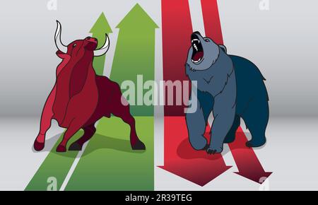 Il toro e l'orso. Concetto di mercato azionario. Mercato del toro e mercato dell'orso. Illustrazione Vettoriale