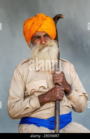 Ritratto di un Sikh anziano in abito tradizionale. Foto Stock