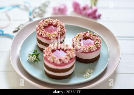 Crostate di formaggio al drago rosa vegano con basi biscottate al cioccolato e smalti a specchio alla frutta Foto Stock