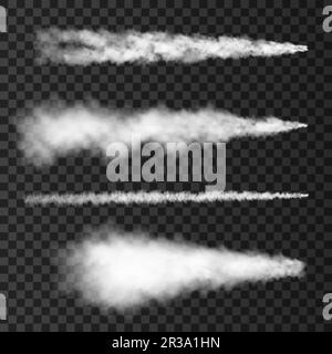 Fumo da lancio militare razzo. Pista di aeroplano o pista missilistica isolata su sfondo trasparente. Trama vettoriale di guerra realistica. Illustrazione Vettoriale