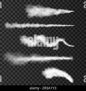 Fumo da lancio militare razzo. Pista di aeroplano o pista missilistica isolata su sfondo trasparente. Trama vettoriale di guerra realistica. Illustrazione Vettoriale