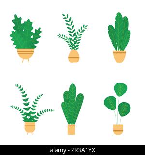 Piantine e fiori di casa in vasi di ceramica. Piante e foglie di casa stile piatto su sfondo bianco. Stile Hygge. Elementi botanici vettoriali alla moda. Illustrazione Vettoriale