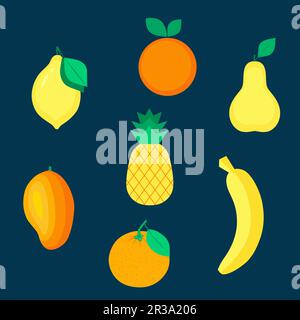 Set di frutti biologici di colore giallo e arancione. Stile di vita sano. Illustrazione vettoriale in stile piatto. Illustrazione Vettoriale