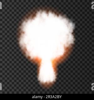 Esplosione nucleare. Fumo da lancio militare razzo. Bomba atomica isolata su sfondo trasparente. Trama vettoriale di guerra realistica. Illustrazione Vettoriale