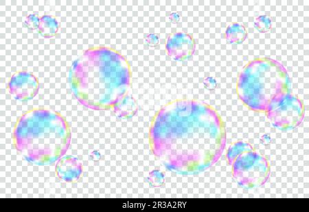 Set di realistiche bolle di sapone colorate e trasparenti con riflessi arcobaleno isolati su sfondo a scacchi. Trama vettoriale. Illustrazione Vettoriale