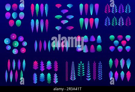Set di colori sfumati al neon che lascia isolati su sfondo bianco. Piante naturali dal design piatto alla moda e fogliame tropicale. Illustrazione Vettoriale
