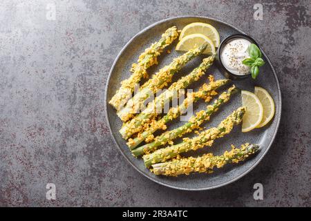 Asparagi Breed Panko fatti in casa con spezie assortite primo piano su un piatto su un tavolo. Vista orizzontale dall'alto Foto Stock