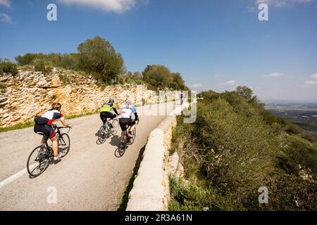 Ciclistas en la cima de la Montaña de Randa, Algaida, Maiorca, isole Baleari, Spagna, Europa. Foto Stock