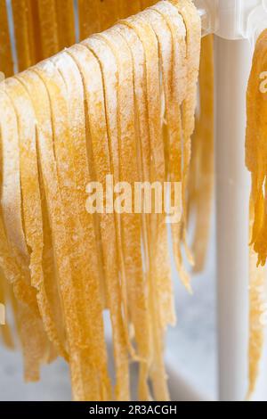 Pasta fatta in casa linguine appeso su rack per asciugare. Tagliatelle italiane fatte in casa appese su un dryi di pasta Foto Stock