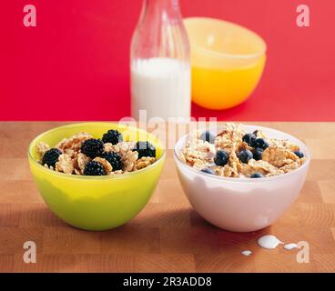 Due ciotole di cereali con latte, una con more e una con mirtilli Foto Stock