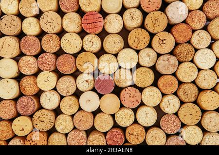 Vino sughero sfondo. Sfondo di vari tappi di vino utilizzati primo piano. Foto Stock