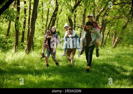 Gruppo di giovani, amici che camminano nella foresta, facendo escursioni nella calda giornata di sole. Ragazze sedute alle spalle dei ragazzi Foto Stock