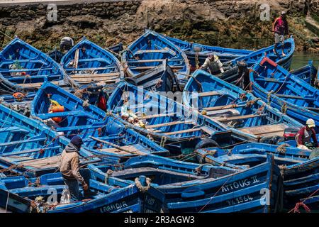 Barche da pesca marocchine classiche, porto di pesca, Essaouira, marocco, africa. Foto Stock