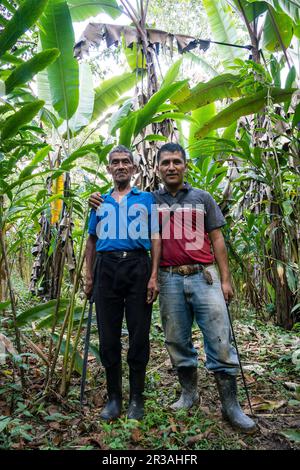 Don Romulo y su padre con los machete, Los Cerritos, Lancetillo, La Parroquia, zona Reyna, Quiche, Guatemala, America centrale. Foto Stock