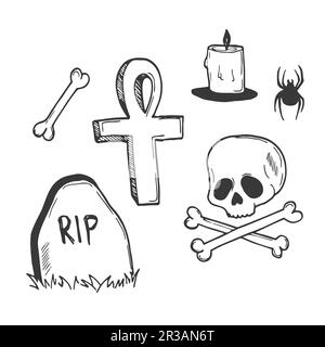 Set di lapidi Doodle, croce, cranio e ossa, linea di morte art. Vecchio cimitero commemorativo. Giornata dello spirito. Funerale. Prendendo le anime dei morti. Mano vettoriale dr Illustrazione Vettoriale