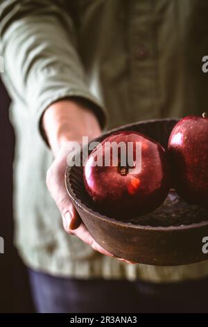 Mani che tengono una ciotola di legno con due mele rosse lucide Foto Stock