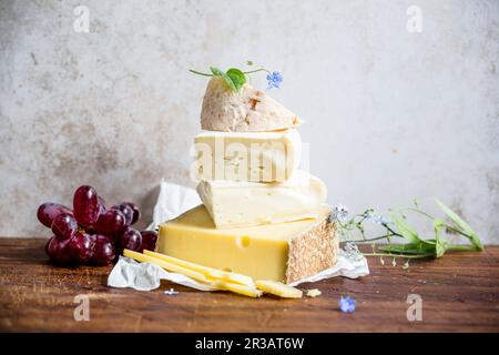 Diversi tipi di formaggio, impilati Foto Stock