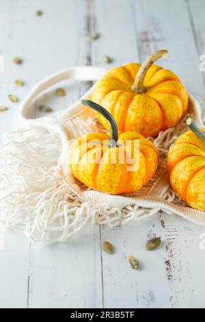 Composizione di vita morta con mini zucche decorative colorate e semi di zucca. Mini zucca arancione Foto Stock