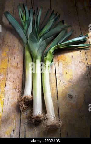 Porri su tavolo rustico in legno Foto Stock