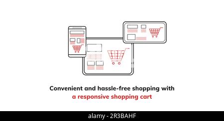 Banner reattivo del carrello della spesa su sfondo chiaro. Banner e-commerce elegante con testo e icone in rosso e nero per il business e il marketing Illustrazione Vettoriale