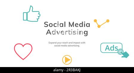 Banner pubblicitario sui social media su sfondo chiaro. Elegante banner SMM con testo nero e icone colorate per il business e il marketing Illustrazione Vettoriale