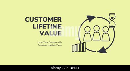 Banner valore a vita del cliente su sfondo giallo. Banner elegante con testo nero e icone per il business e il marketing Illustrazione Vettoriale