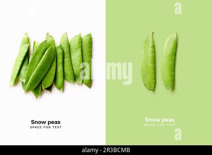 Immagine dall'alto di freschi e sottili piselli di neve isolati su sfondo bianco Foto Stock