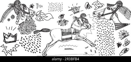 Risorse grafiche, stile contemporaneo, illustrazioni di cavalli disegnate a mano e ispirate alla Mesopotamia. Illustrazione della scultura di linea per stampe di t-shirt, poste Illustrazione Vettoriale