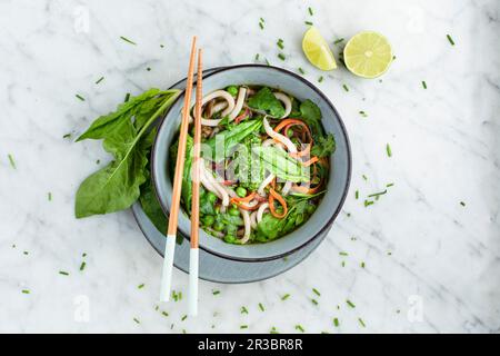 Ciotola per spaghetti Udon con pesto all'aglio, spinaci e piselli selvatici (Asia) Foto Stock