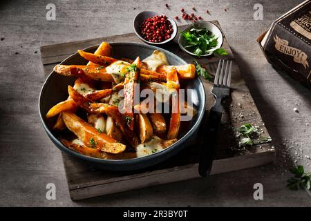 Poutine canadese (specialità fast food a base di patatine fritte, formaggio e sugo di carne) Foto Stock