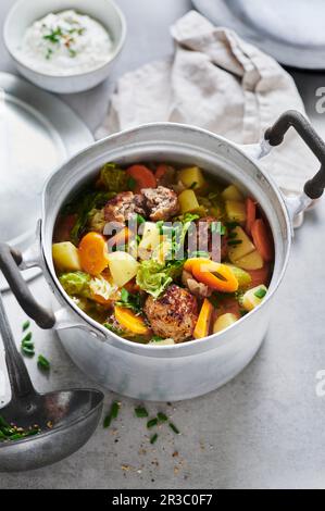 Inverno verza cavolo e carota stufato con polpette Foto Stock