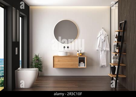 Bagno interno con parquet scuro, wc, doccia e specchio ovale, pareti bianche e nere vista frontale. Bagno nero minimalista con mobili moderni Foto Stock