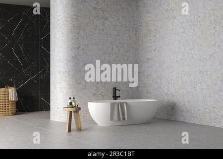 Bella vasca da bagno bianca con rubinetto nero in piedi su piastrelle in bagno moderno. rendering 3D Foto Stock