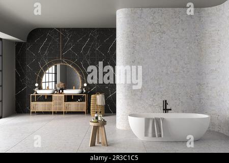 Interni moderni e minimalisti con pareti in marmo, lussuoso mobiletto da bagno con doppio lavabo, vasca da bagno bianca, ripiano in marmo, vista della natura da WIN Foto Stock