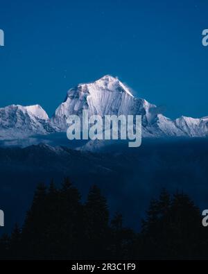 Mt. Dhaulagiri, Nepal. Visto da Poon Hill Trek. Bella cima di montagna in luci dolci del mattino. Himalaya montagna picco durante l'ora blu. Incredibile Foto Stock