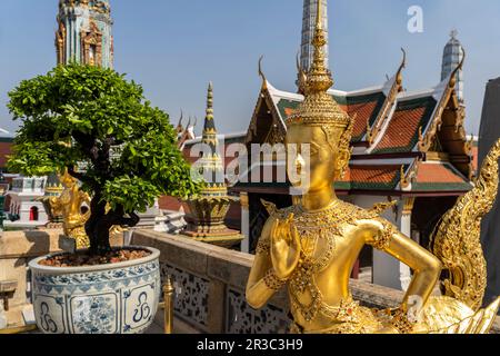 Vergoldete Statua eines mythologischen Wesen im Wat Phra Kaeo, der buddhistische Tempel des Königs, Großer Palast Bangkok, Thailandia, Asien | Golden Foto Stock