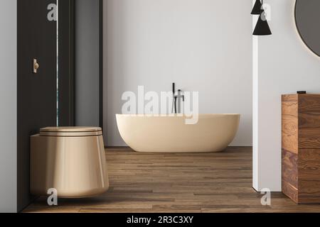 Bagno interno luminoso con pavimento in parquet, doppio lavabo beige, lavandino in legno, vasca beige, wc e specchi ovali, grande finestra. Accogliente b minimalista Foto Stock