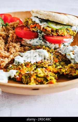 Hamburger di zucchine vegane con amaranto e pane farro Foto Stock