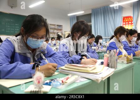 LIANYUNGANG, CINA - 23 MAGGIO 2023 - studenti che stanno per sostenere l'esame di ingresso al National College (Gaokao) studiano in una classe a Lianyung Foto Stock