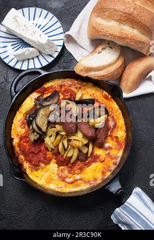 Frittata greca con salsiccia, melanzana e patatine fritte in una padella di ghisa Foto Stock