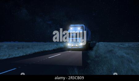 Lunga Haul durante la notte Trucking Logistics su una strada di paese scuro Foto Stock