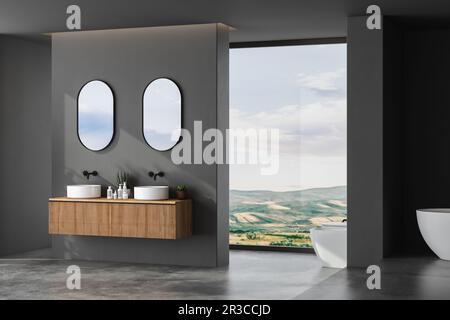 Moderno minimalista interno scuro bagno, armadio bagno, doppio lavabo, vanità in legno, piante interne, accessori per il bagno, vasca e wc, offerta Foto Stock