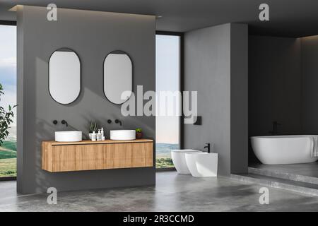 WC con telaio quadrato e mobile da toeletta con supporto per rotolo di  tessuto contro la parete bianca del bagno Foto stock - Alamy