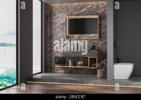 Moderno bagno interno minimalista, moderno armadio bagno, lavabo nero, accessori bagno, vasca da bagno e wc, pavimento in parquet. rendering 3d Foto Stock