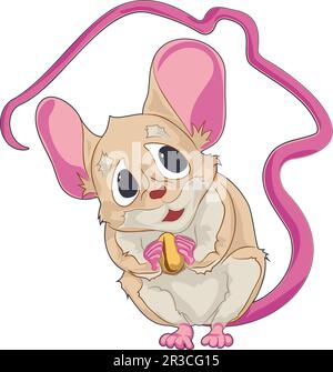 Illustrazione a colori del mouse con cartoni animati nascosti. Illustrazione vettoriale di un piccolo mouse che si nasconde in casa in stile cartoon. Topo con grano nelle sue zampe Illustrazione Vettoriale